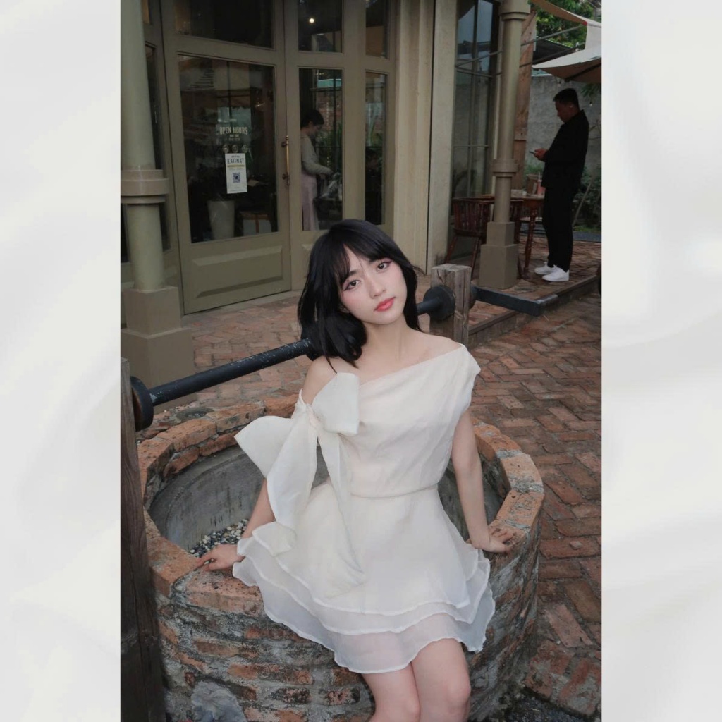 Đầm trễ vai đính nơ tùng xòe chất liệu dày dặn tùng xòe 3 tầng sang chảnh đi tiệc xinh xắn có bigsize | vd86