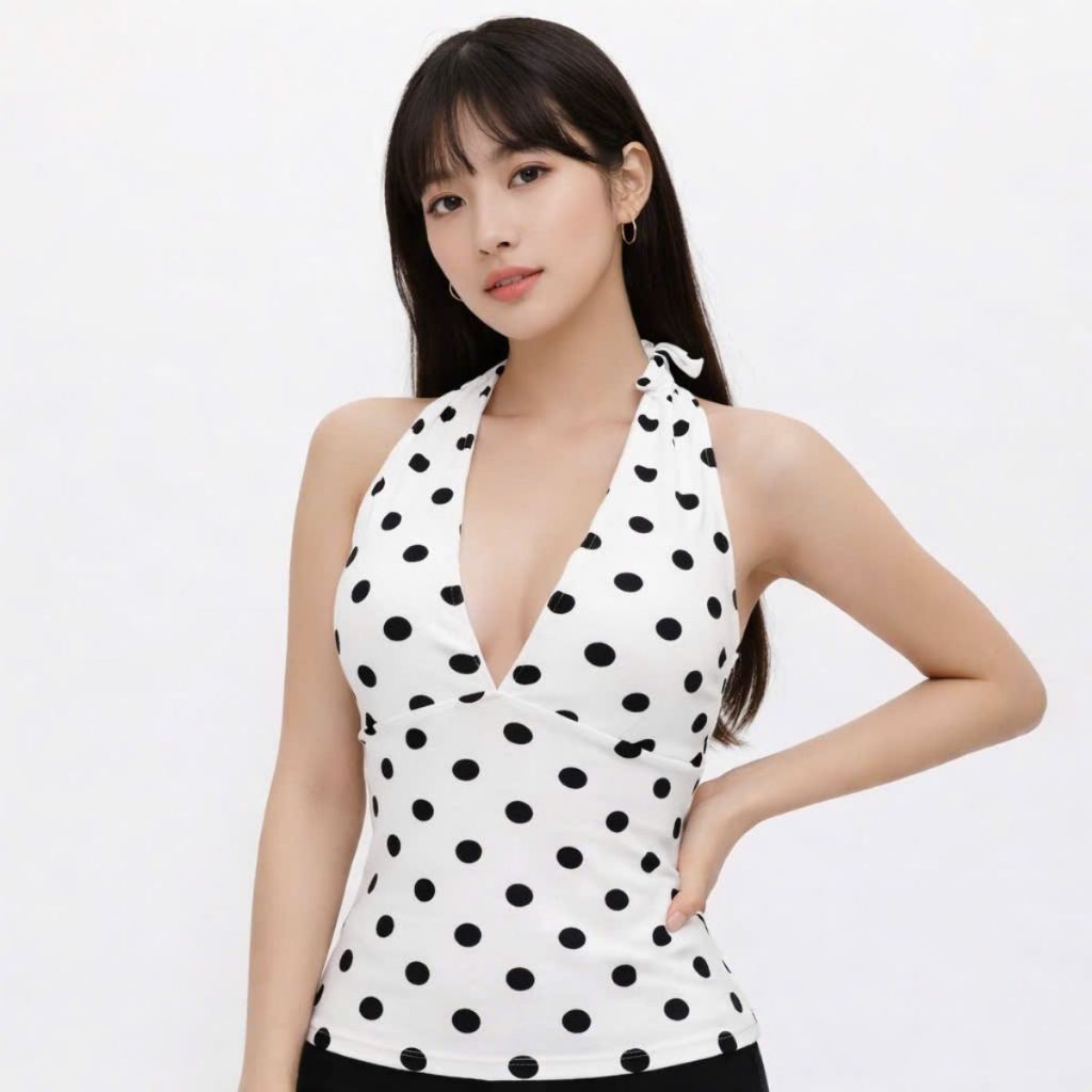 Áo cổ yếm hở lưng cột nơ chấm bi, áo thiết kế khoét ngực sang chảnh | ao2