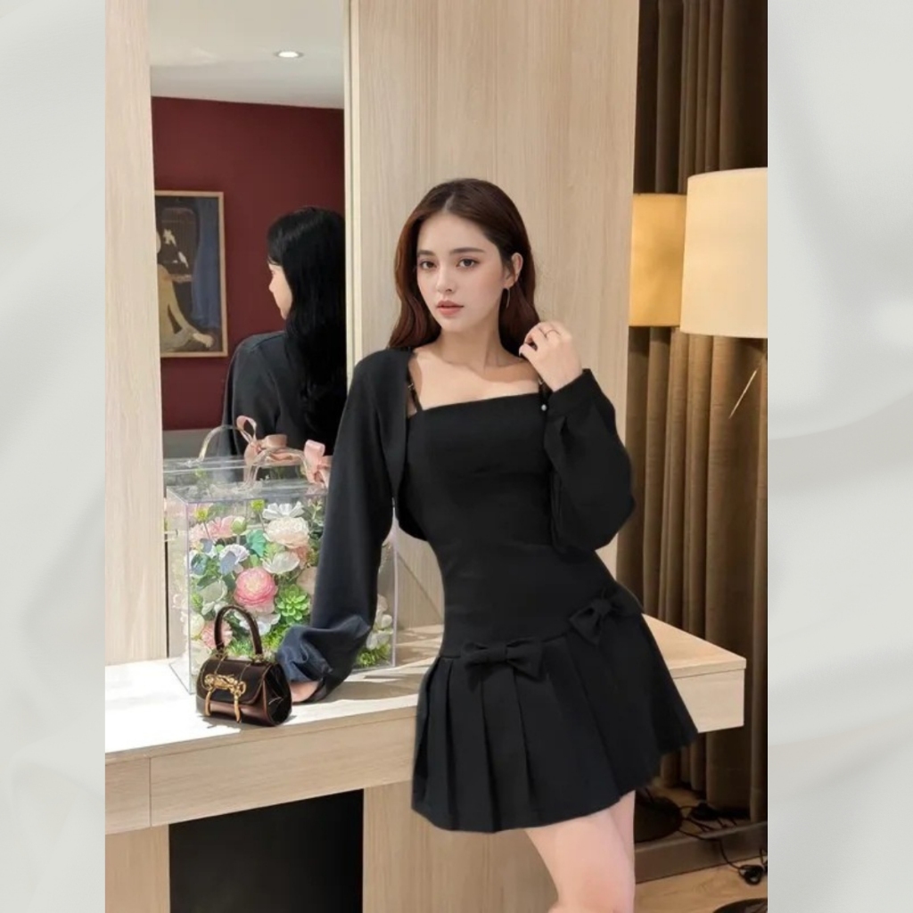 Set váy / đầm dạ text Hàn váy hai dây phối nơ kèm áo khoác croptop tay bồng thiết kế tiểu thư | vd93