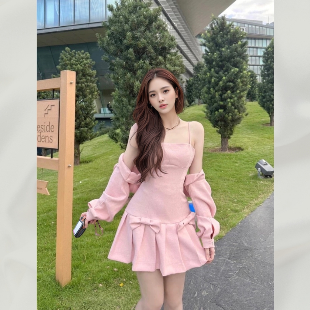Set váy / đầm dạ text Hàn váy hai dây phối nơ kèm áo khoác croptop tay bồng thiết kế tiểu thư | vd93