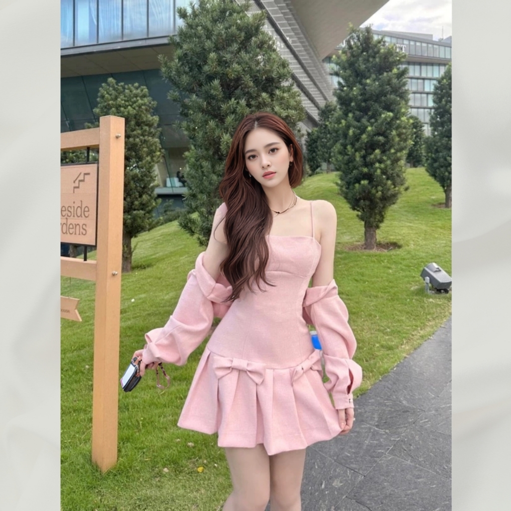 Set váy / đầm dạ text Hàn váy hai dây phối nơ kèm áo khoác croptop tay bồng thiết kế tiểu thư | vd93