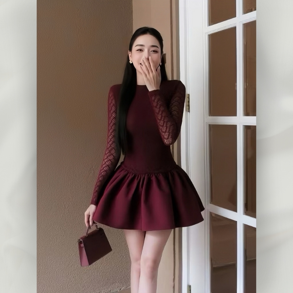 Đầm xòe thiết kế tay dài ren phối tafta cao cấp sang trọng nữ tính | vd64