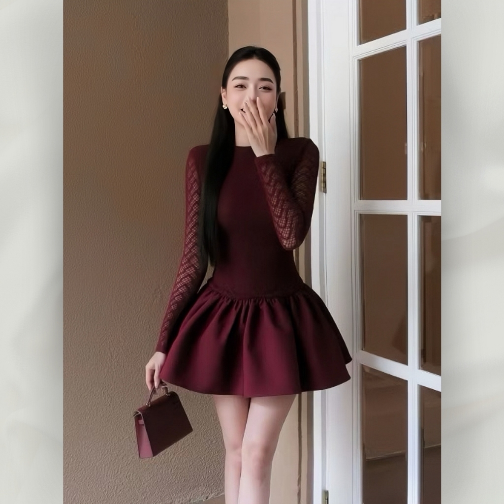 Đầm xòe thiết kế tay dài ren phối tafta cao cấp sang trọng nữ tính | vd64