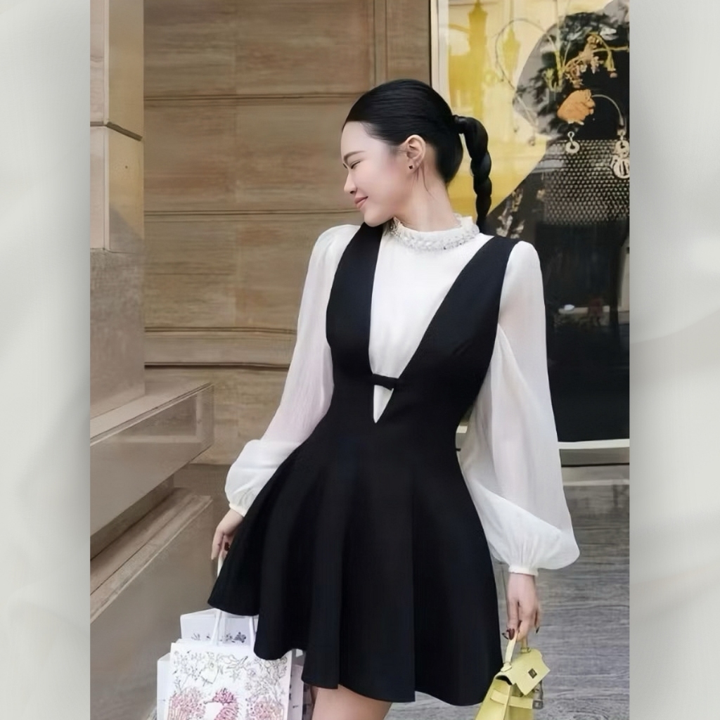 Đầm đen trắng phối áo tay dài cổ trụ thanh lịch, váy xòe dáng tiểu thư | vd67