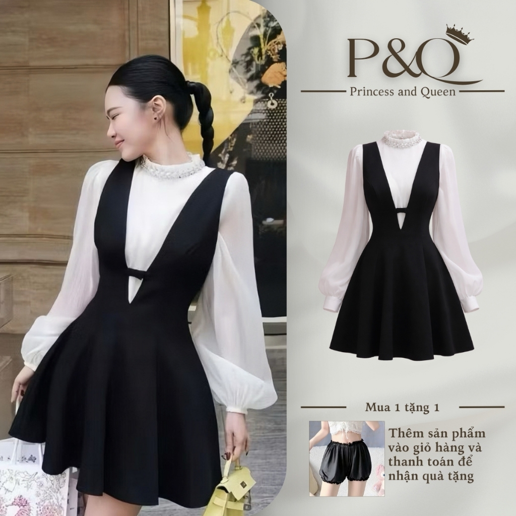 Đầm đen trắng phối áo tay dài cổ trụ thanh lịch, váy xòe dáng tiểu thư | vd67