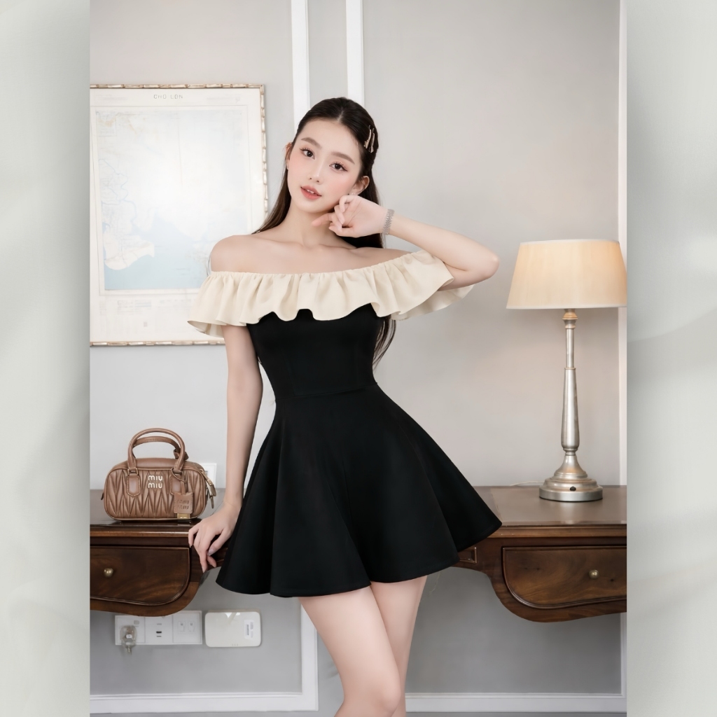 Váy Đầm Tiểu Thư Dáng Ngắn Cúp Ngực Trễ Vai Phối Bèo Trắng Ôm Eo Sexy | Vd110