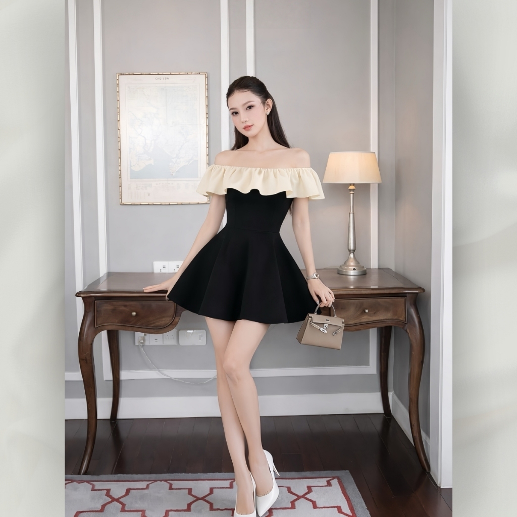 Váy Đầm Tiểu Thư Dáng Ngắn Cúp Ngực Trễ Vai Phối Bèo Trắng Ôm Eo Sexy | Vd110