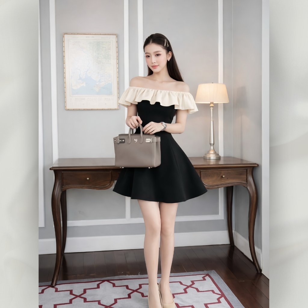 Váy Đầm Tiểu Thư Dáng Ngắn Cúp Ngực Trễ Vai Phối Bèo Trắng Ôm Eo Sexy | Vd110