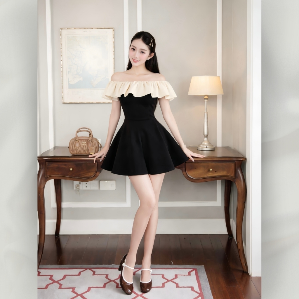 Váy Đầm Tiểu Thư Dáng Ngắn Cúp Ngực Trễ Vai Phối Bèo Trắng Ôm Eo Sexy | Vd110