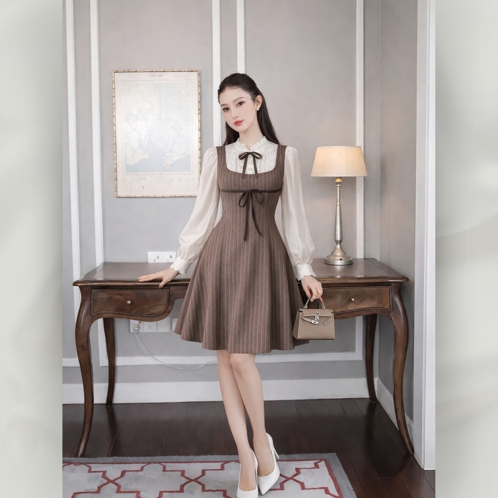 Đầm yếm liền sơ mi tay phồng cổ nhún họa tiết chấm bi phối dây nơ buộc phong cách tiểu thư | vd84