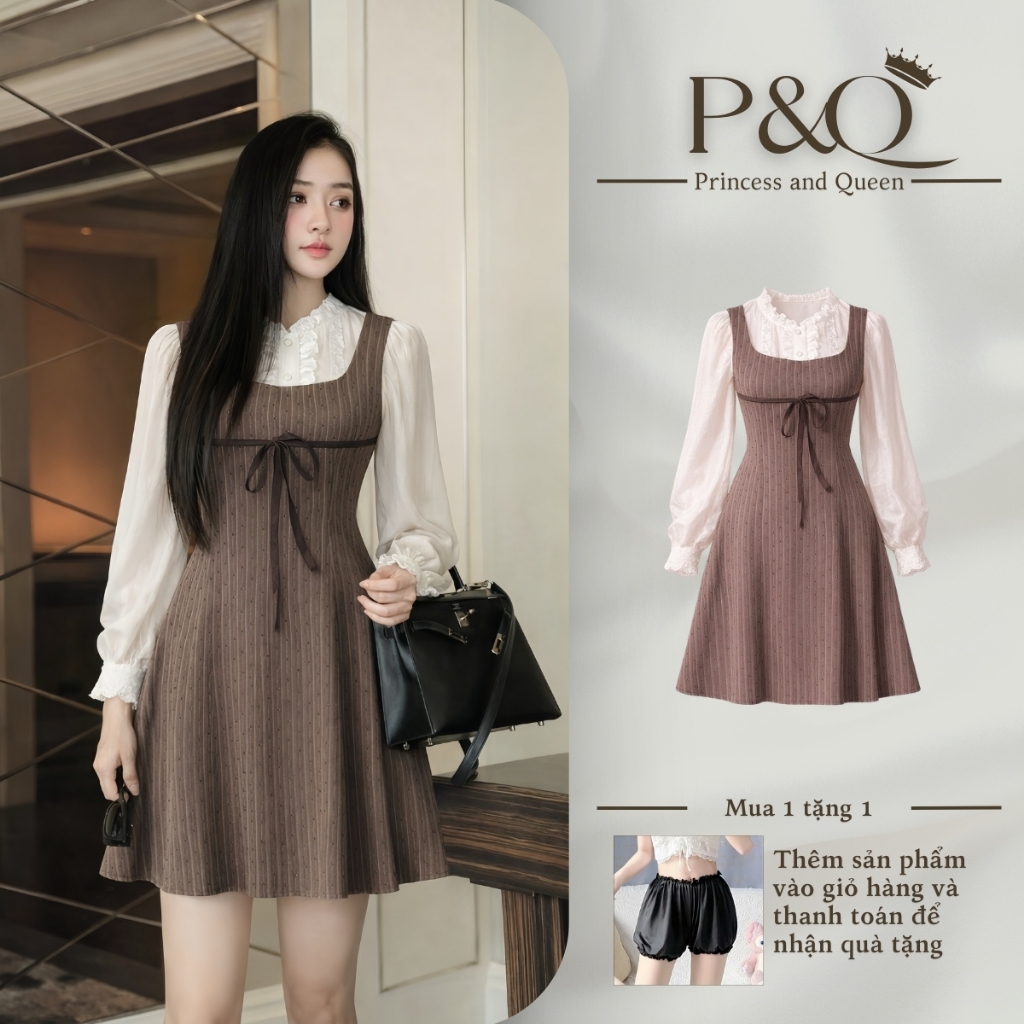 Đầm yếm liền sơ mi tay phồng cổ nhún họa tiết chấm bi phối dây nơ buộc phong cách tiểu thư | vd84