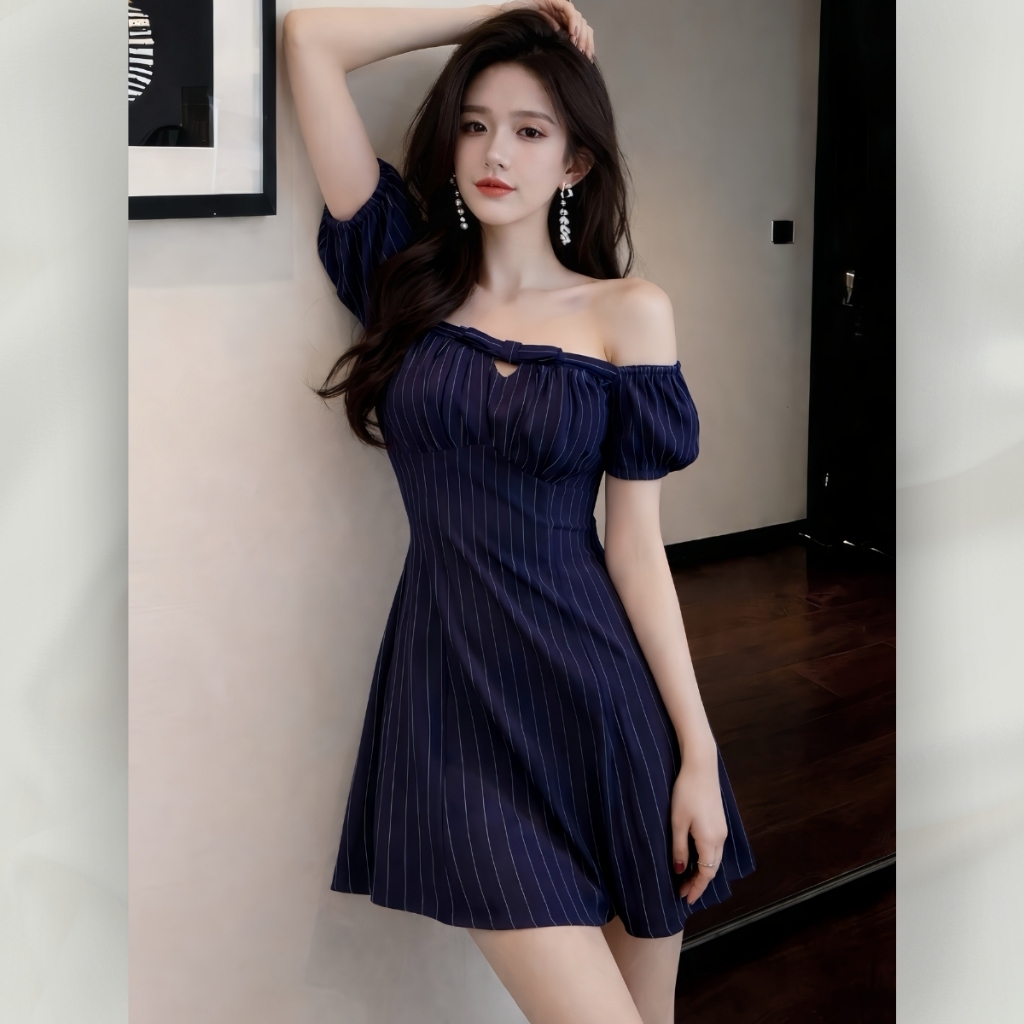 Đầm trễ vai kẻ sọc dáng ôm chữ A, chất kate thoáng mát có lót, tôn dáng quyến rũ | vd69