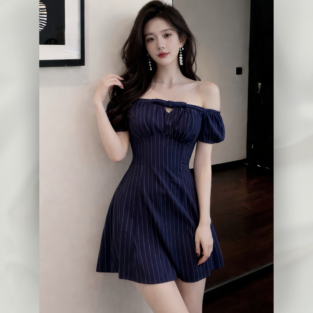 Đầm trễ vai kẻ sọc dáng ôm chữ A, chất kate thoáng mát có lót, tôn dáng quyến rũ | vd69