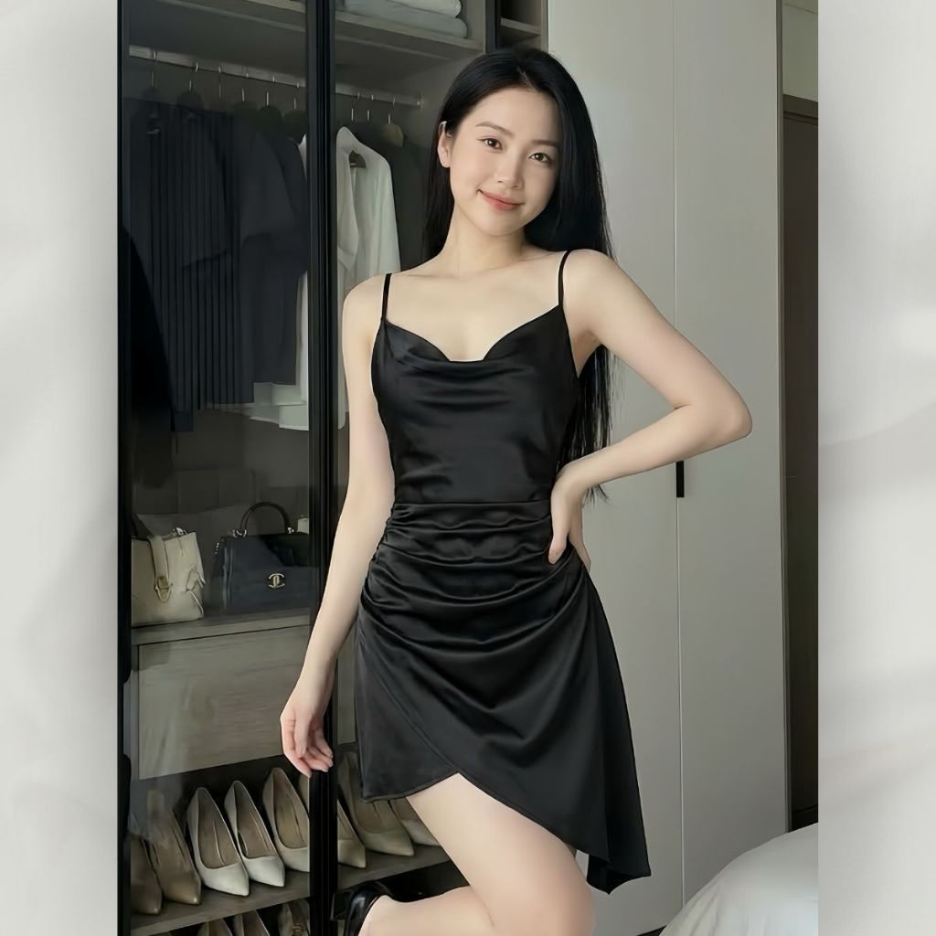 Đầm Váy Lụa 2 Dây Cổ Đổ Mini Xẻ Vạt Chéo Eo Nhún Thanh Lịch Quyến Rũ Dự Tiệc, Đi Chơi | vd115