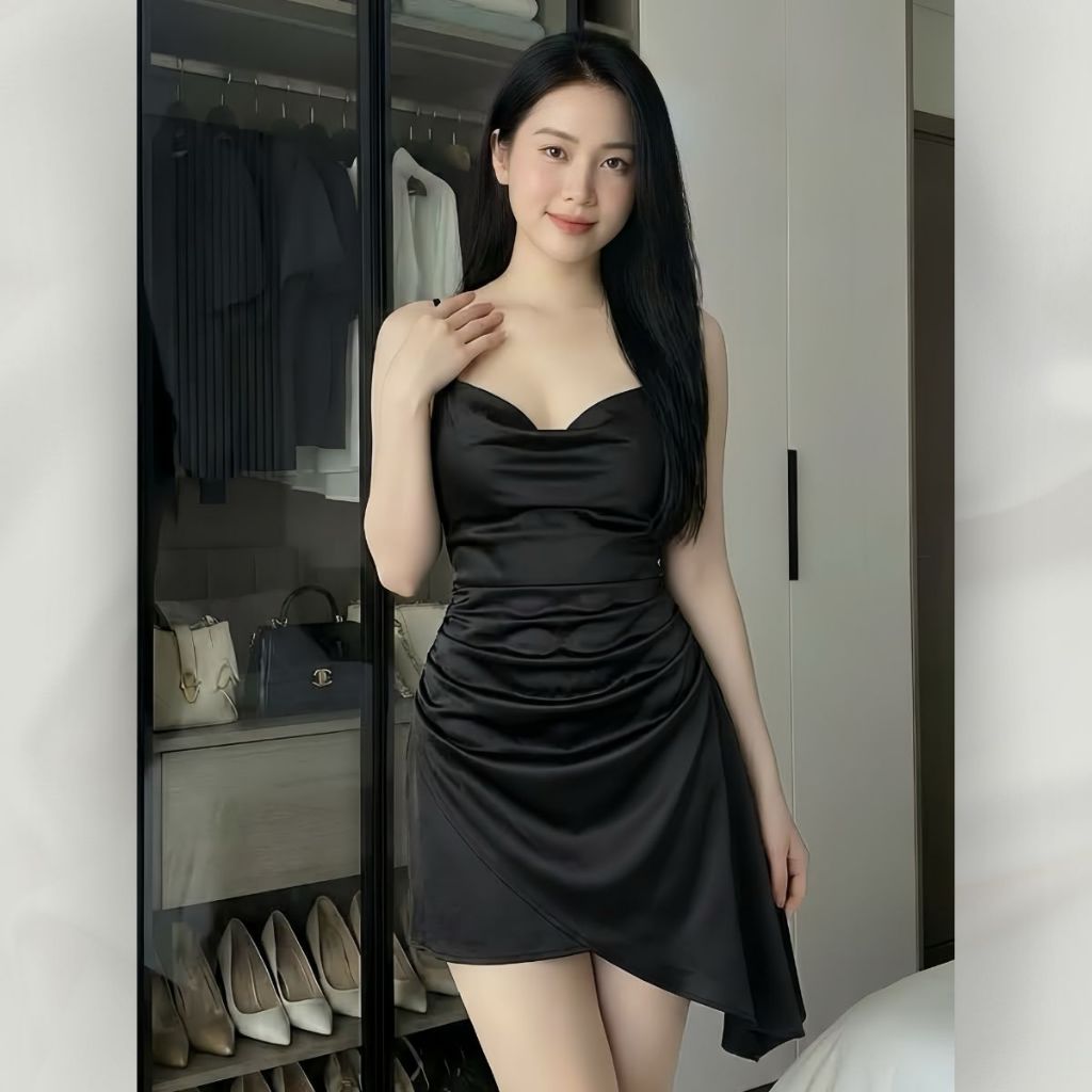 Đầm Váy Lụa 2 Dây Cổ Đổ Mini Xẻ Vạt Chéo Eo Nhún Thanh Lịch Quyến Rũ Dự Tiệc, Đi Chơi | vd115