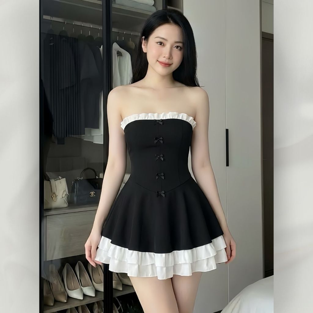 Váy Quây Cúp Ngực Dáng Xòe Phối Viền Bèo Trắng, Đầm Tiểu Thư Công Chúa Đính Nơ Xinh Xắn | vd118