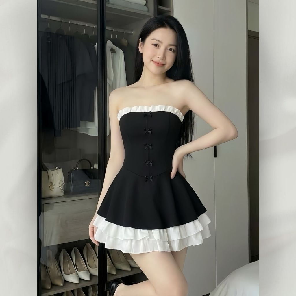 Váy Quây Cúp Ngực Dáng Xòe Phối Viền Bèo Trắng, Đầm Tiểu Thư Công Chúa Đính Nơ Xinh Xắn | vd118