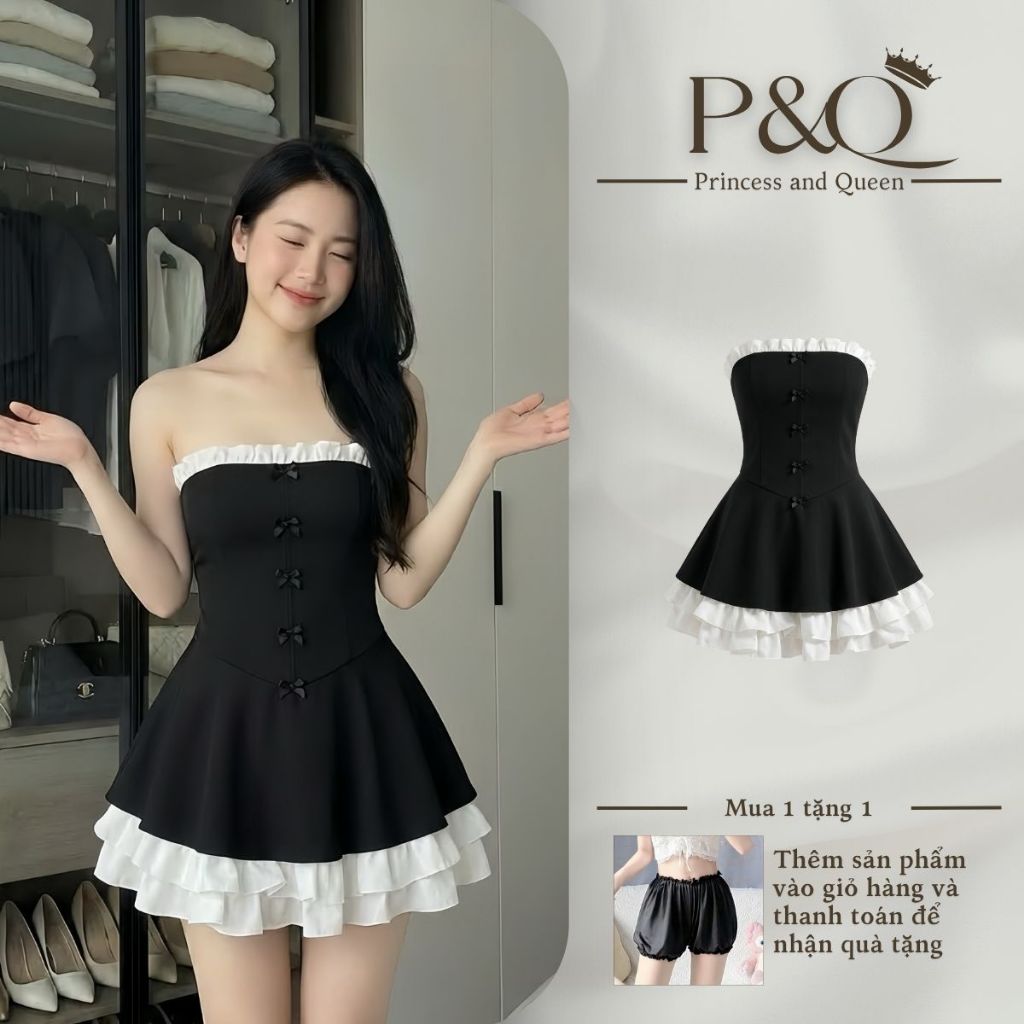 Váy Quây Cúp Ngực Dáng Xòe Phối Viền Bèo Trắng, Đầm Tiểu Thư Công Chúa Đính Nơ Xinh Xắn | vd118