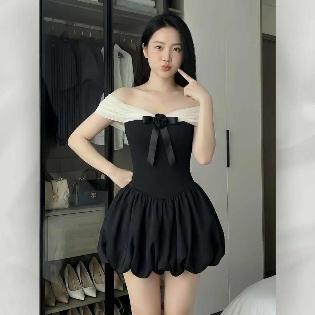 Váy Trễ Vai Dáng Xòe Phối Bèo Trắng Đính Nơ Ngực, Đầm Xòe Tiểu Thư Sang Chảnh Đi Chơi Dự Tiệc | vd119
