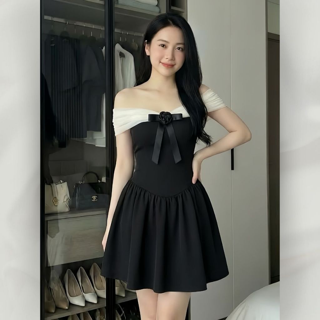 Váy Trễ Vai Dáng Xòe Phối Bèo Trắng Đính Nơ Ngực, Đầm Xòe Tiểu Thư Sang Chảnh Đi Chơi Dự Tiệc | vd119
