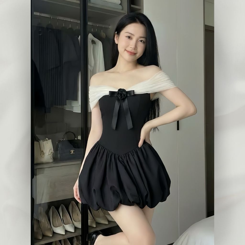 Váy Trễ Vai Dáng Xòe Phối Bèo Trắng Đính Nơ Ngực, Đầm Xòe Tiểu Thư Sang Chảnh Đi Chơi Dự Tiệc | vd119
