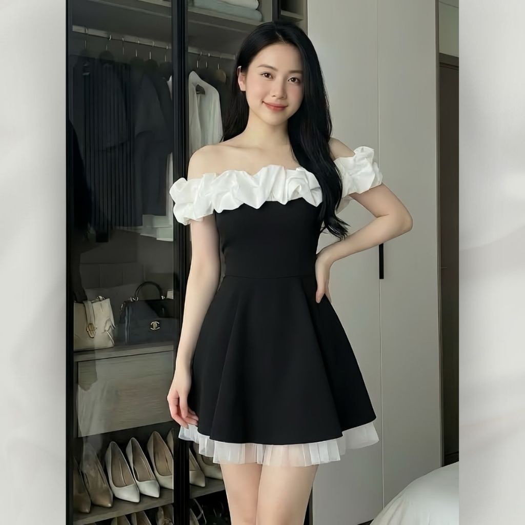 Đầm Trễ Vai Dáng Ngắn Phối Bèo Trắng Sang Chảnh Ôm Eo Tôn Dáng Tiểu Thư Sang Trọng | vd120
