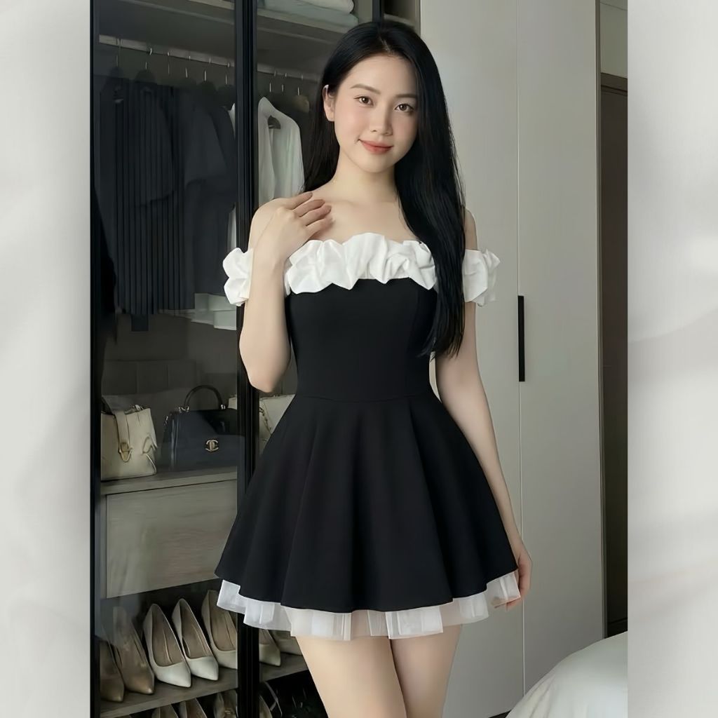 Đầm Trễ Vai Dáng Ngắn Phối Bèo Trắng Sang Chảnh Ôm Eo Tôn Dáng Tiểu Thư Sang Trọng | vd120
