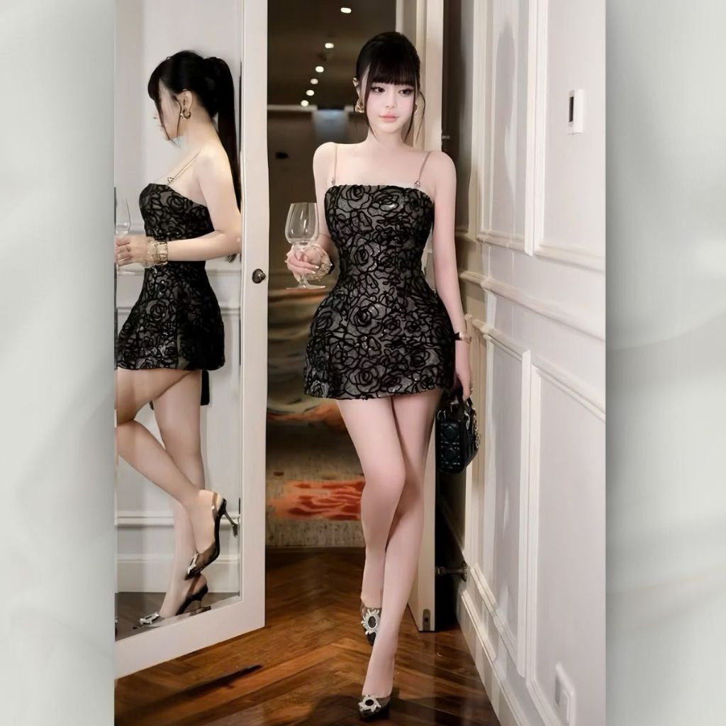 Đầm Hai Dây Dự Tiệc Nữ Dáng Ngắn Xòe Phồng Ren Dự Tiệc Sang Trọng Họa Tiết Hoa | vd130