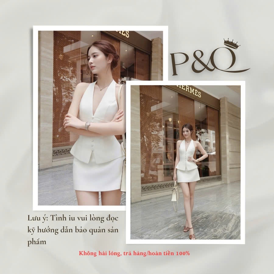 Set áo cổ yếm nút ngọc kết hợp chân váy chữ A tiểu thư, sang trọng | set30