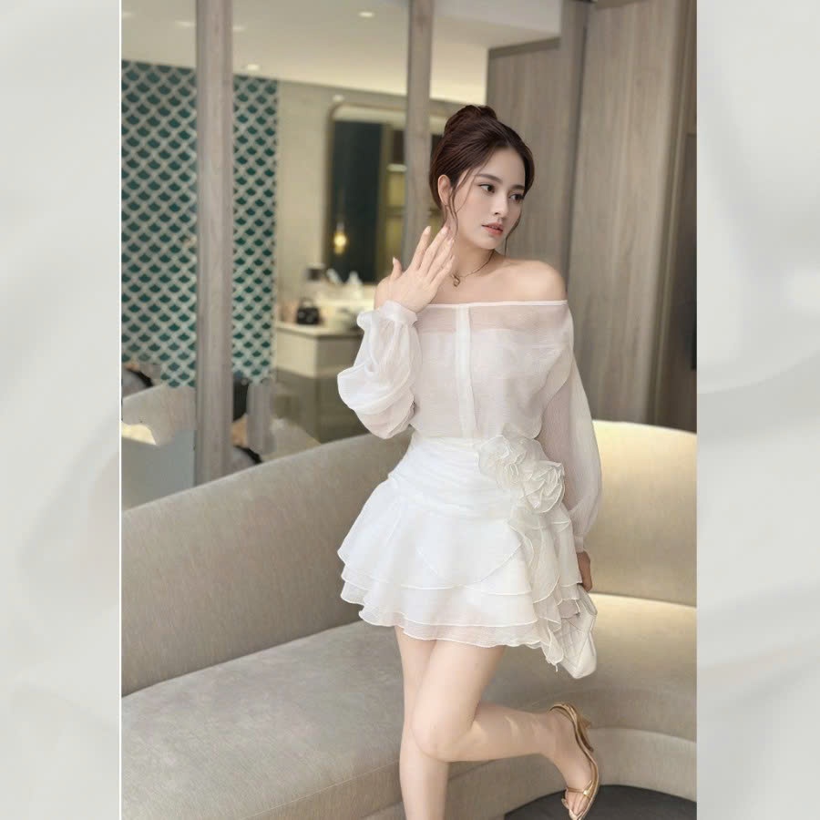Set áo và váy trễ vai dáng ngắn đầm phối hoa tơ sang trọng màu trắng đen | set32