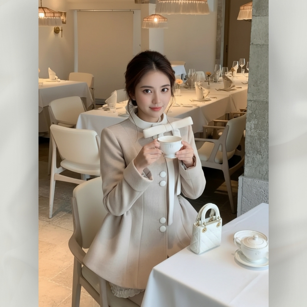 Set Váy Dạ Dài Tay Dáng Xòe Đính Nơ Cổ Cúc Bọc Đầm Vải Dạ Phong Cách Tiểu Thư Kèm Quần | set33