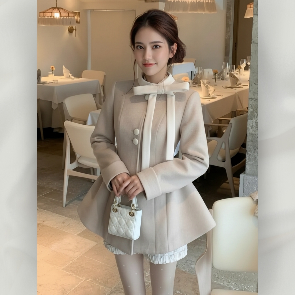 Set Váy Dạ Dài Tay Dáng Xòe Đính Nơ Cổ Cúc Bọc Đầm Vải Dạ Phong Cách Tiểu Thư Kèm Quần | set33