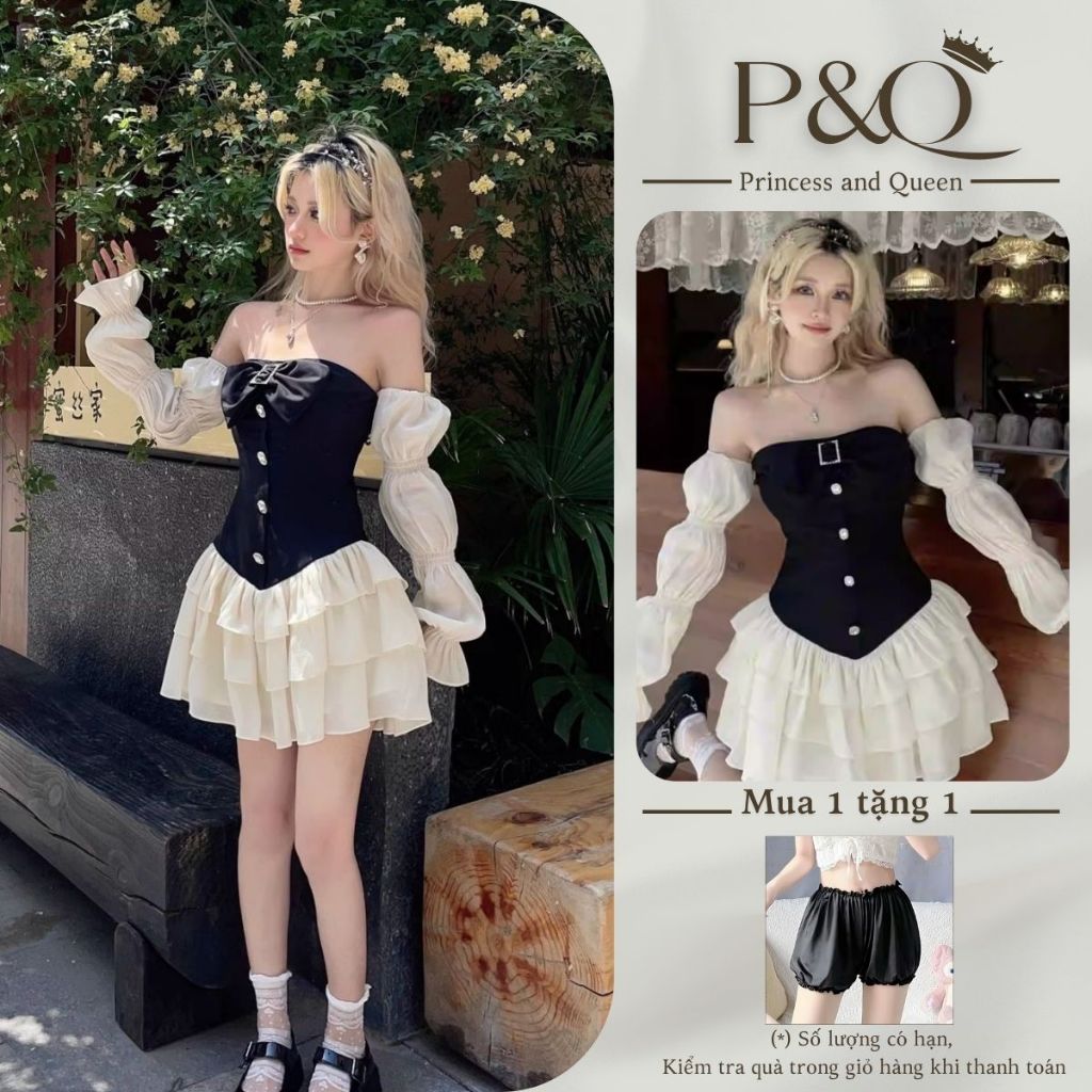 Đầm váy xòe chân váy mini trễ vai tay dài hai lớp có bigsize | vd4