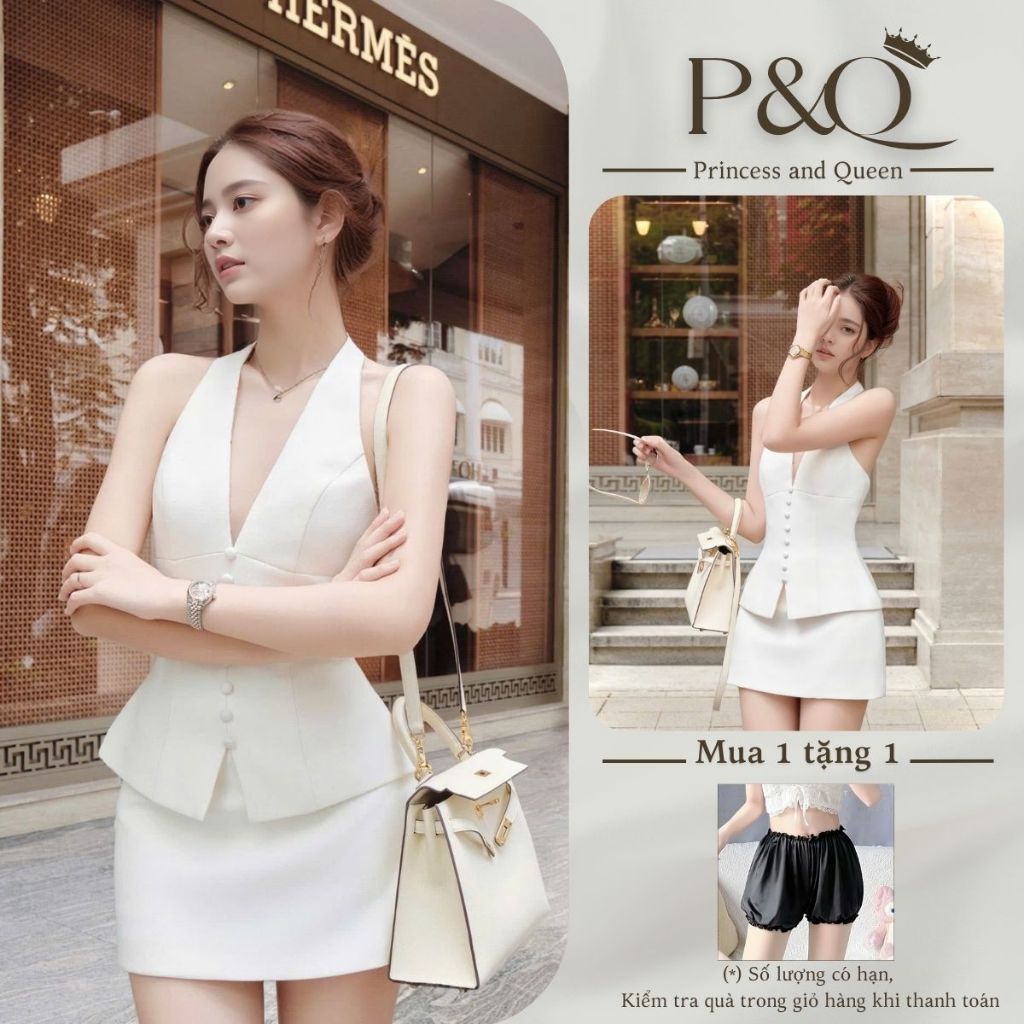 Set áo cổ yếm nút ngọc kết hợp chân váy chữ A tiểu thư, sang trọng | set30