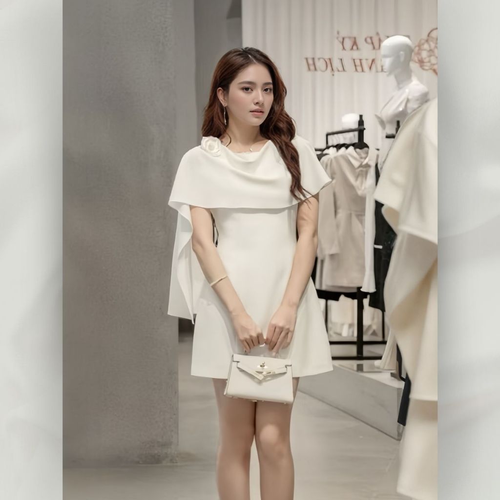 Đầm Tiểu Thư Cổ Giả Vắt Vai Đính Hoa Dáng Chữ A Màu Trắng Hoặc Hồng Thanh Lịch Dịu Dàng | vd101