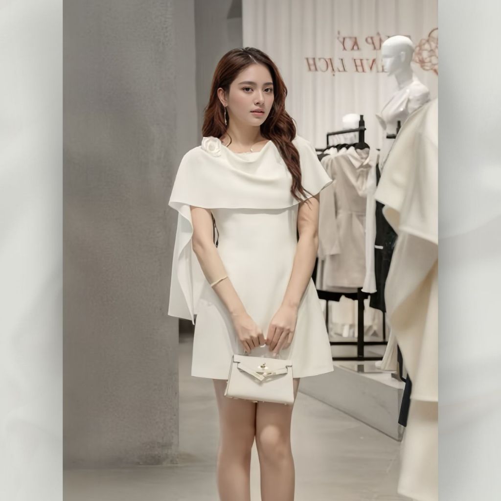 Đầm Tiểu Thư Cổ Giả Vắt Vai Đính Hoa Dáng Chữ A Màu Trắng Hoặc Hồng Thanh Lịch Dịu Dàng | vd101