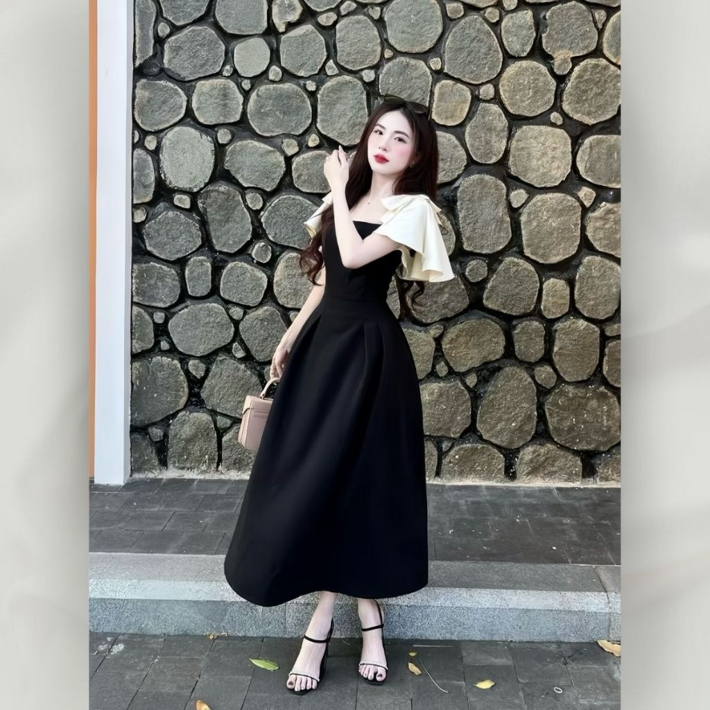 Váy Đầm Đen Dự Tiệc Cổ Vuông Phối Tay Bèo Tầng Nơ Xinh Xắn Sang Trọng Dáng Dài | vd102