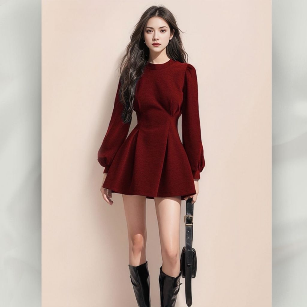 Đầm Xòe Tay Dài Phồng Cổ Tròn Phong Cách Hepburn Dáng Tiểu Thư Sang Trọng Thanh Lịch | vd104