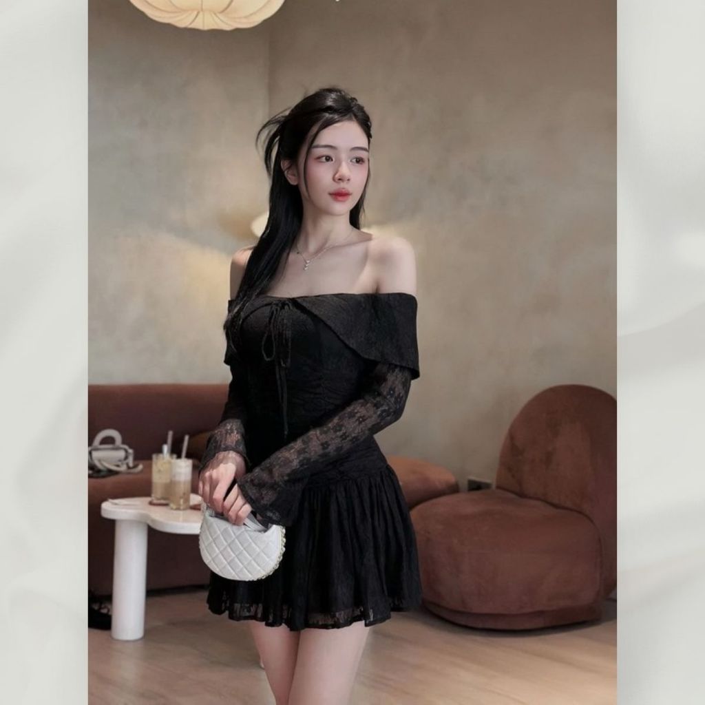 Đầm Ren Xòe Trễ Vai Tay Dài Dáng Ngắn Mini Hai Tone Màu Trắng Hoặc Đen Tôn Dáng | vd106