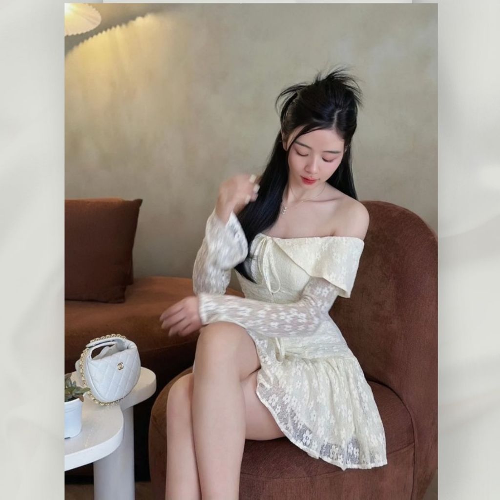 Đầm Ren Xòe Trễ Vai Tay Dài Dáng Ngắn Mini Hai Tone Màu Trắng Hoặc Đen Tôn Dáng | vd106