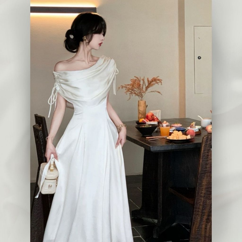 Đầm Trễ Vai Thiết Kế Dáng Xòe Thanh Lịch, Váy Nữ Sang Trọng Dự Tiệc Cotton Hàn Cao Cấp | vd107