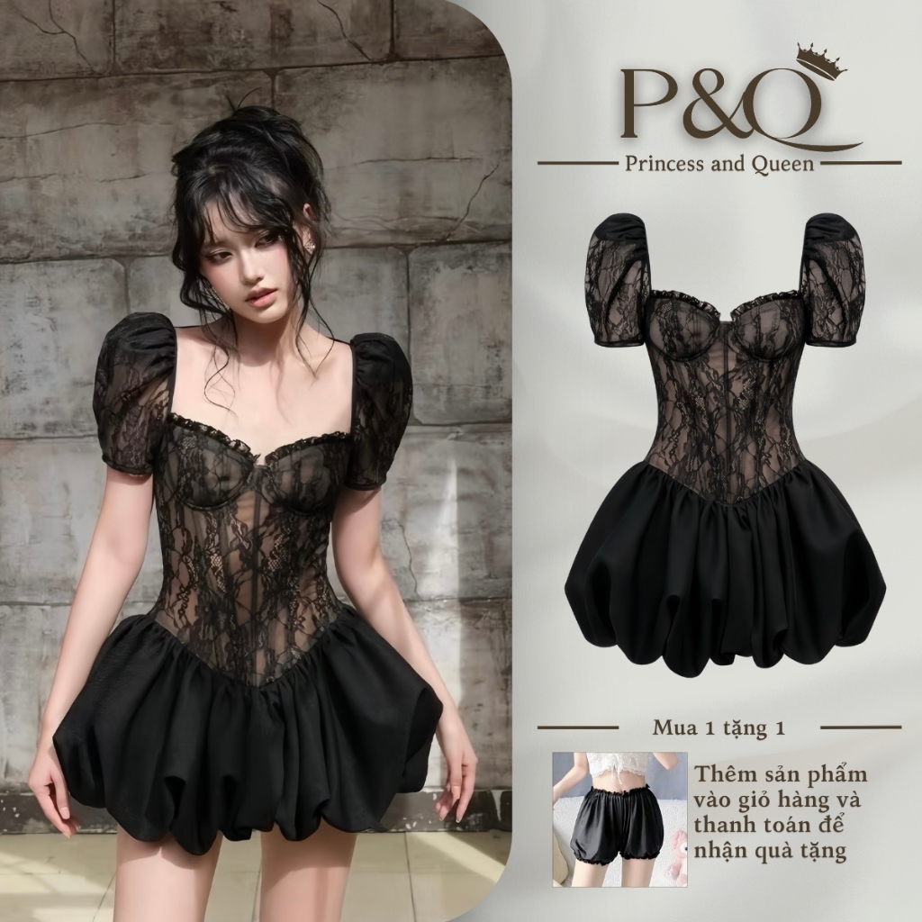 Đầm Váy Ren Cúp Ngực Eo Corset Váy Bí Có Lót Trong Phong Cách Tiểu Thư Ballet Core | vd94