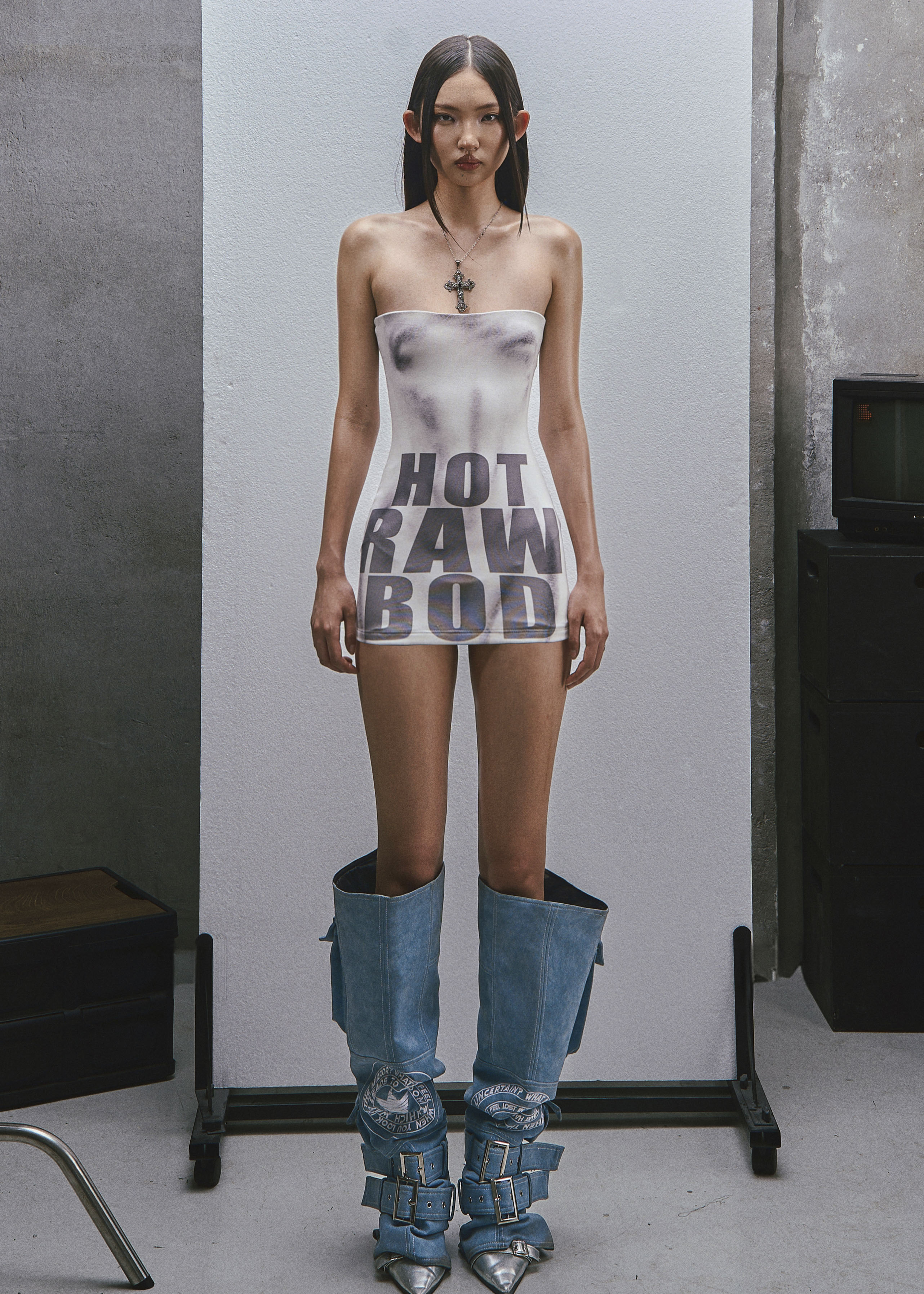 RAW Text Printed Strapless Dress