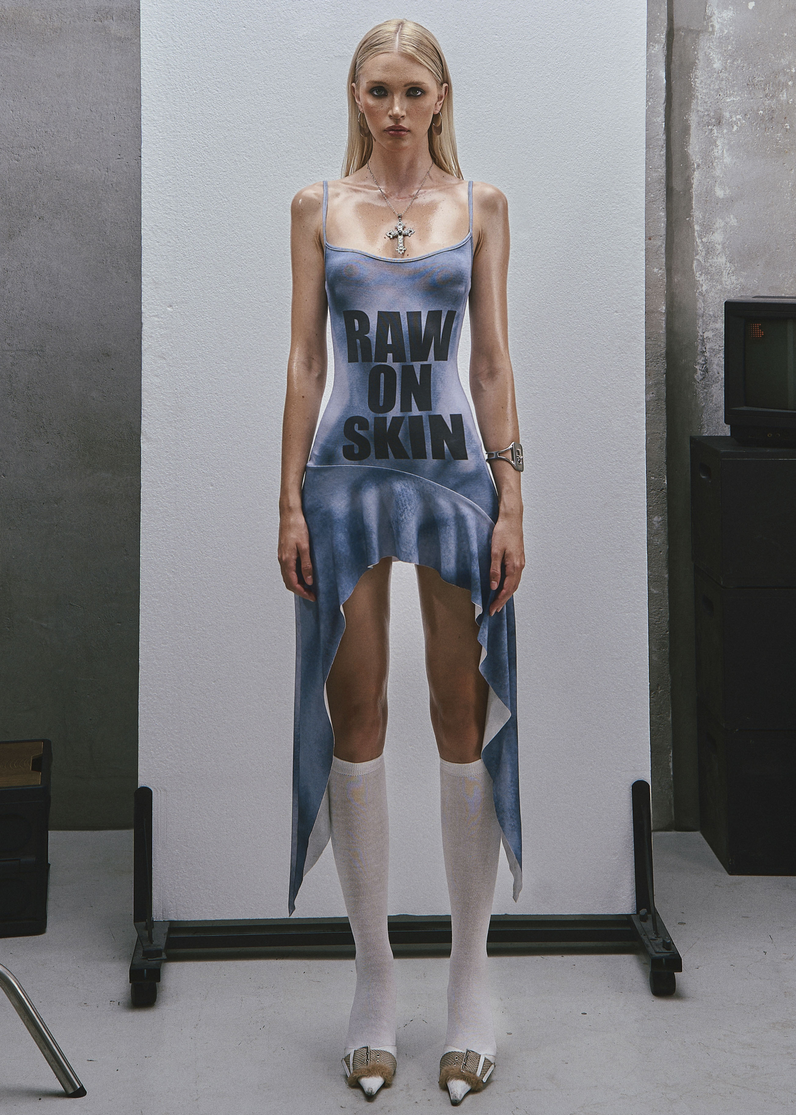 RAW Text Printed Straps Ruffled Asymmetric Hem Mini Dress