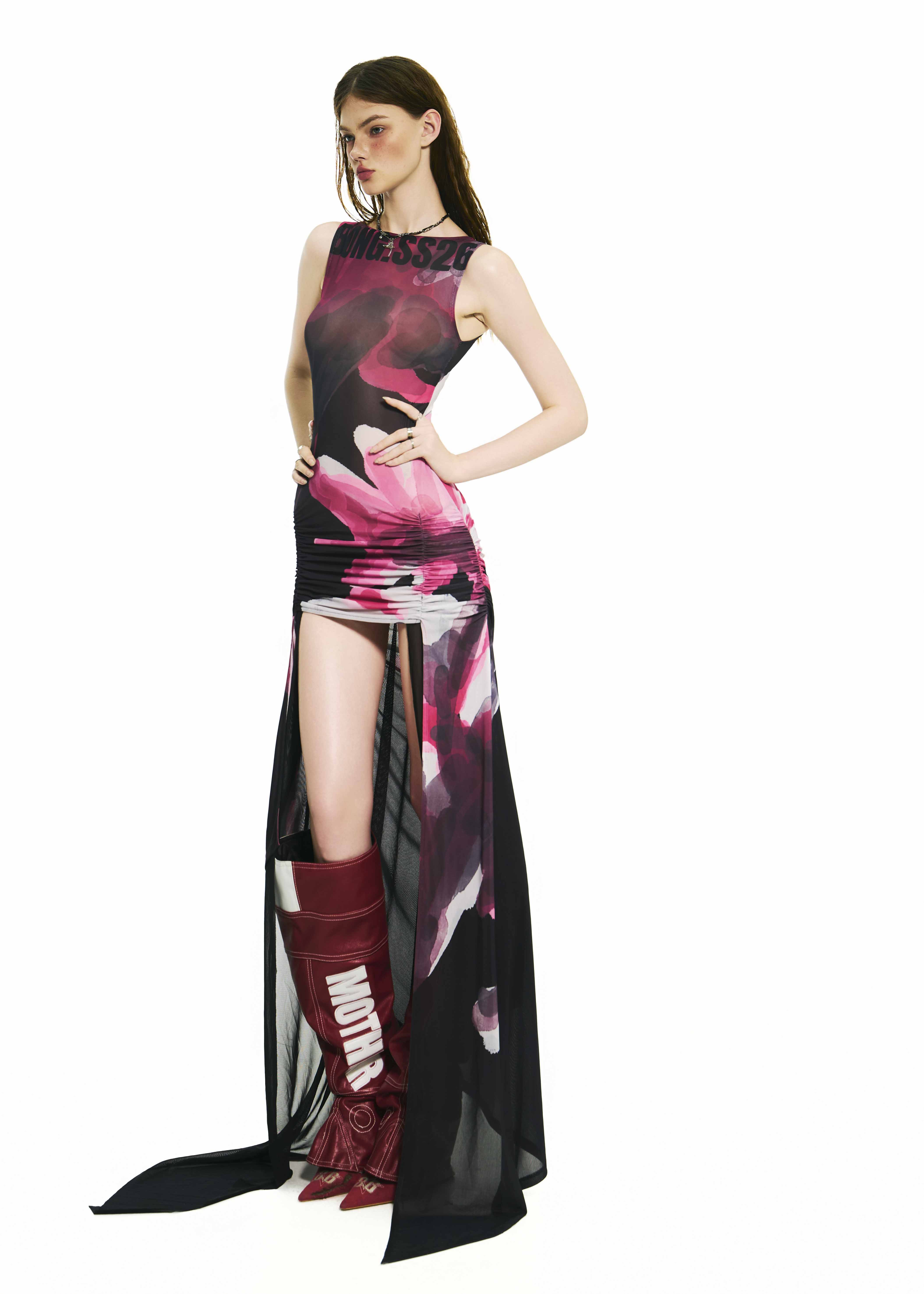 BONG Blooms Hand Drawn Front Thigh Ruched Layer Dress