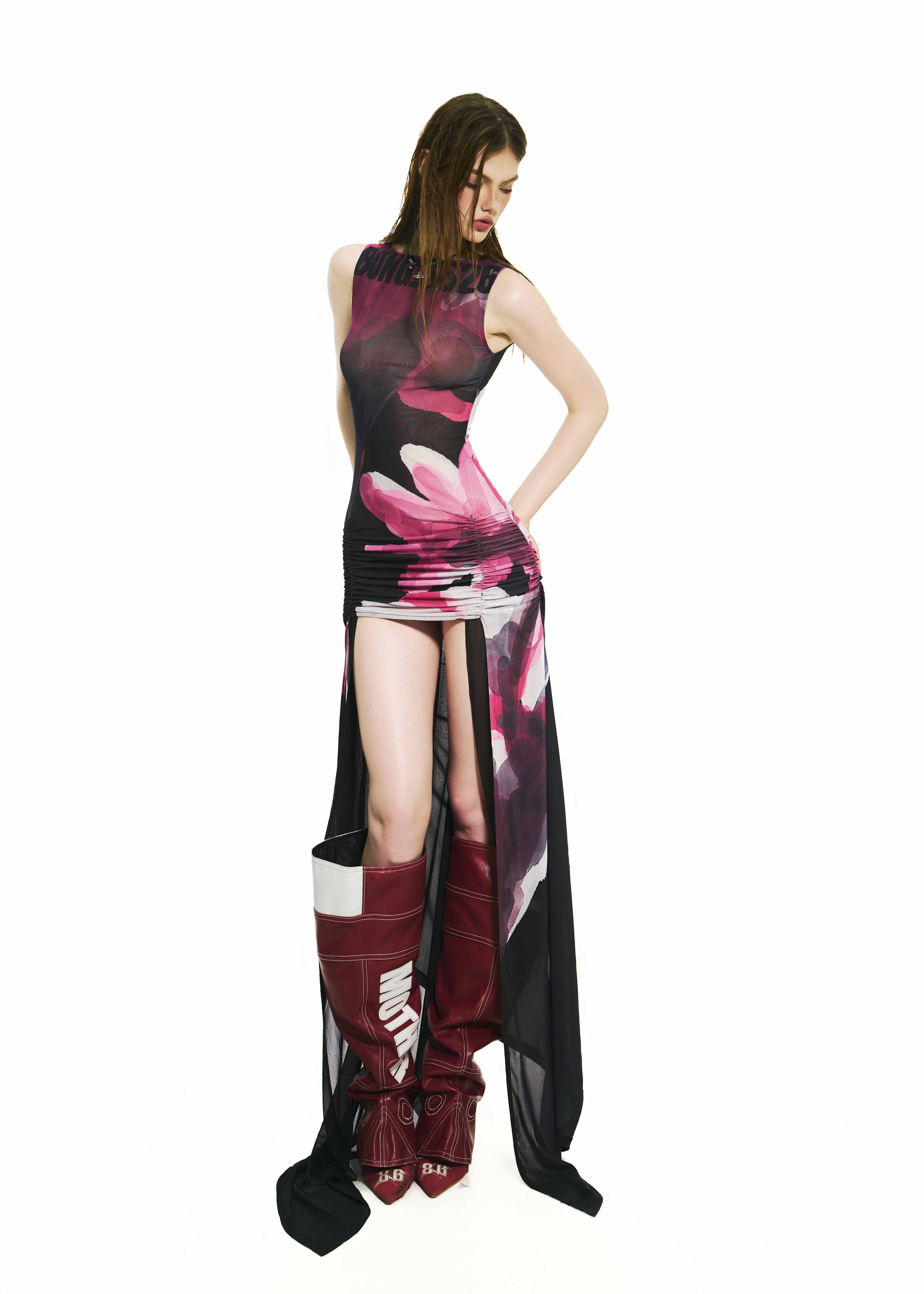 BONG Blooms Hand Drawn Front Thigh Ruched Layer Dress