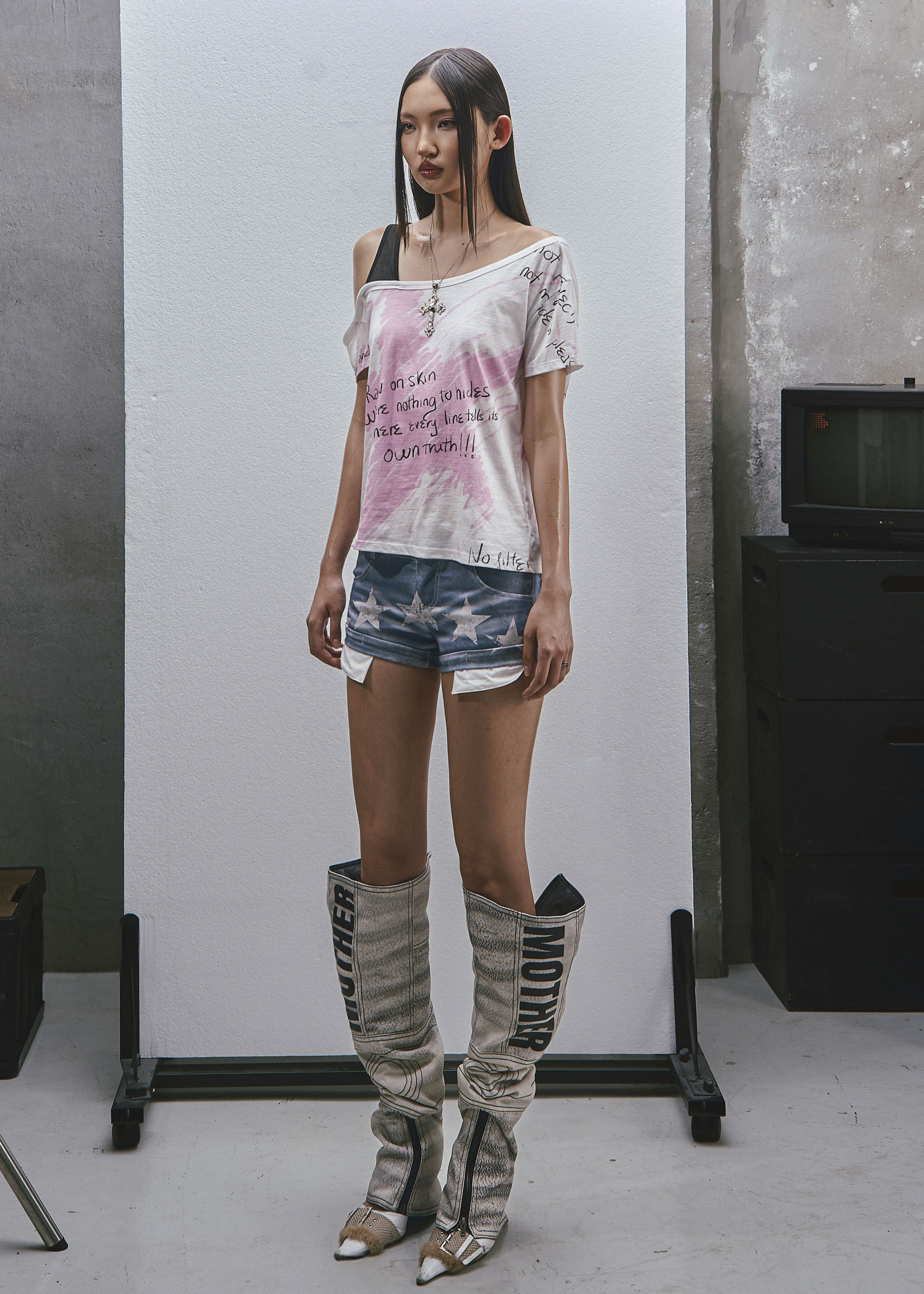 RAW Stars Printed Asymmetrical Cold Shoulder Top