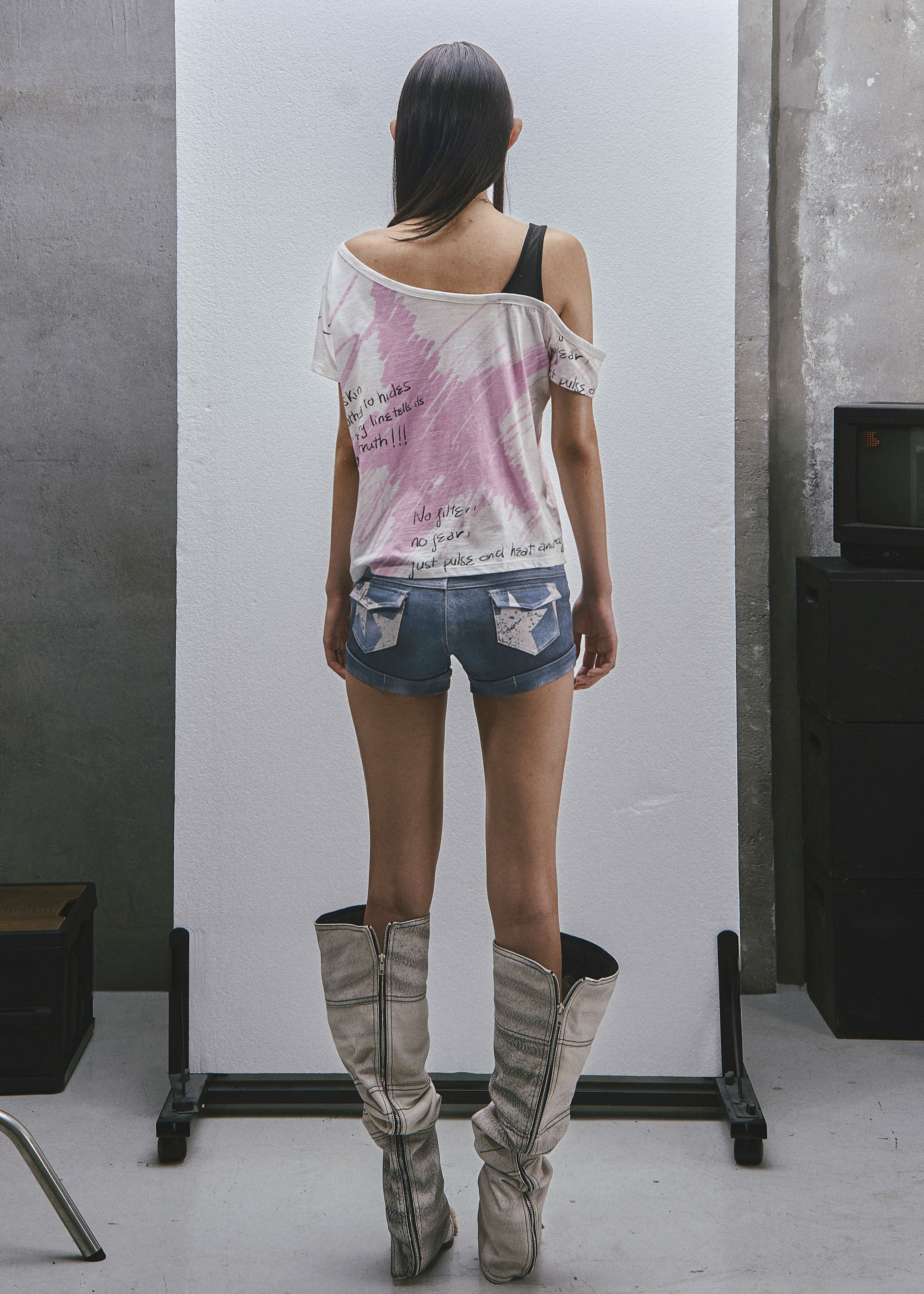 RAW Stars Printed Asymmetrical Cold Shoulder Top