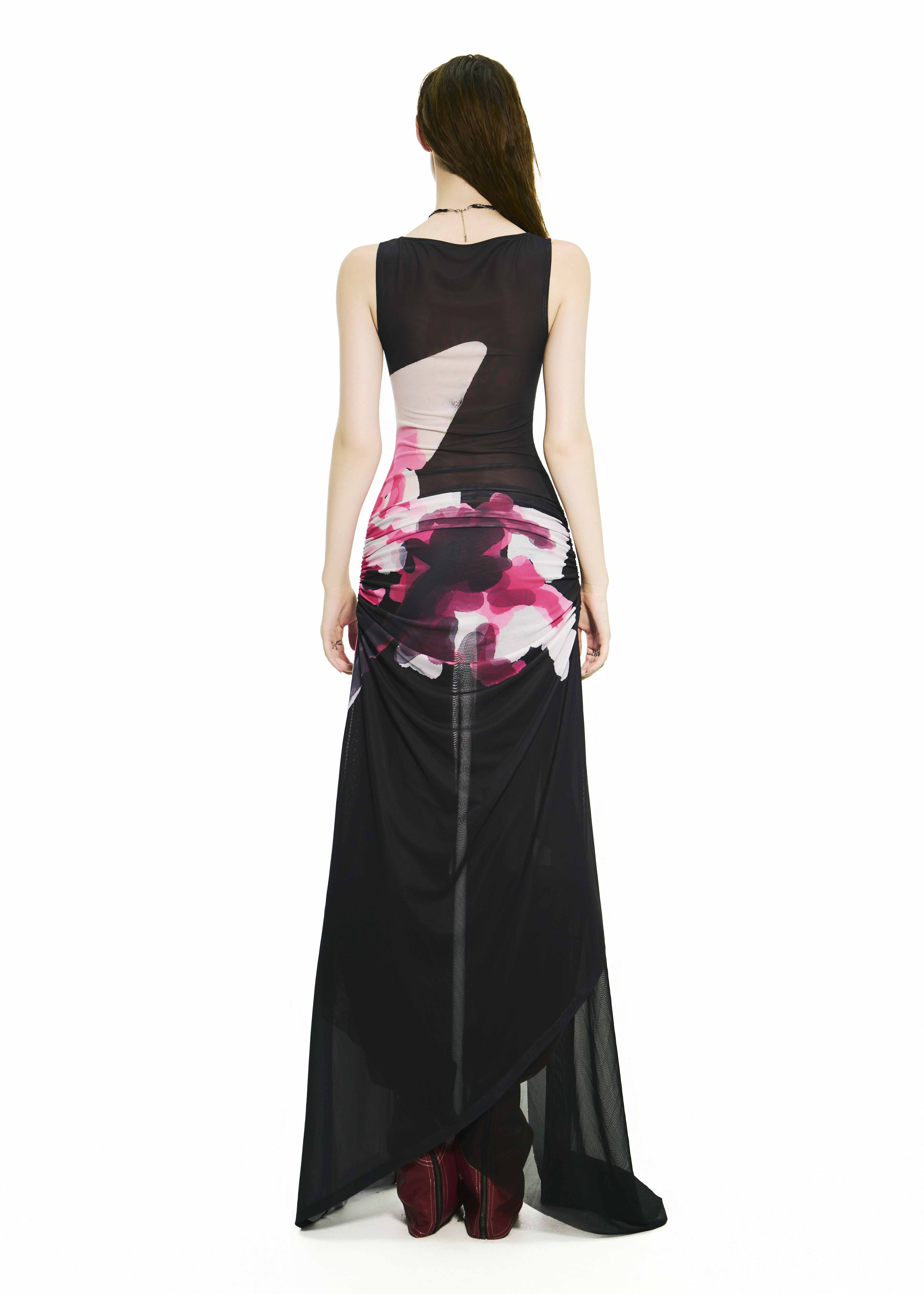 BONG Blooms Hand Drawn Front Thigh Ruched Layer Dress