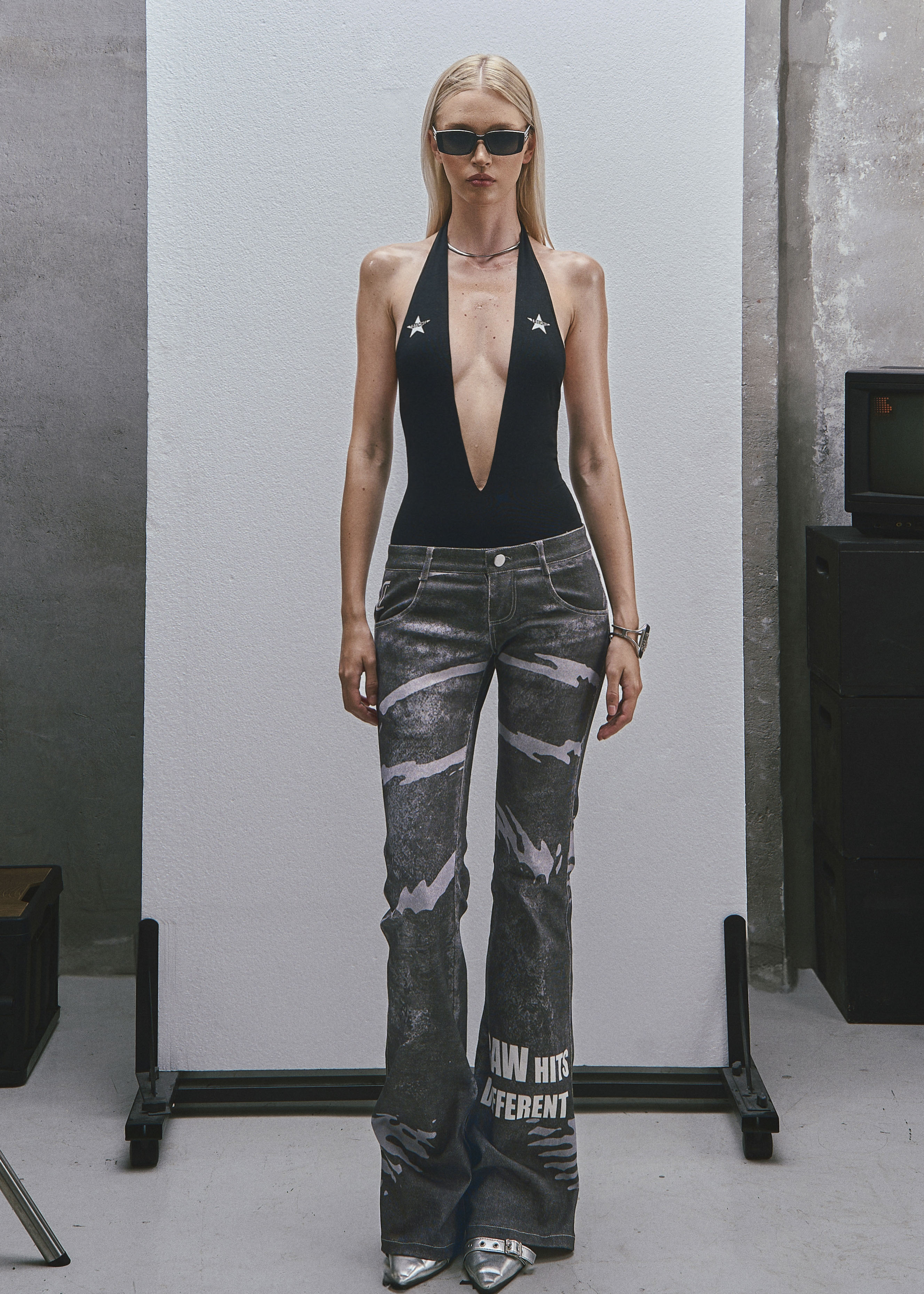 RAW Stars Printed Deep V Neck Bodysuit